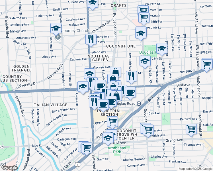 map of restaurants, bars, coffee shops, grocery stores, and more near in Coral Gables