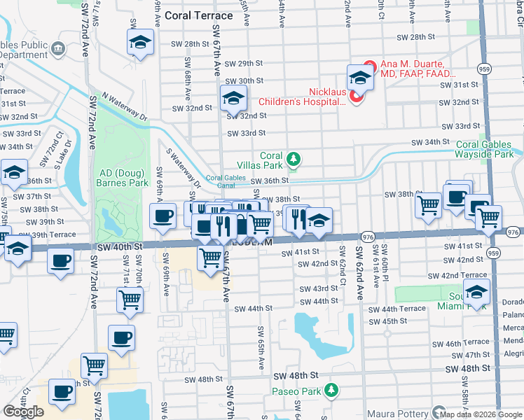 map of restaurants, bars, coffee shops, grocery stores, and more near 6500 Southwest 38th Street in Miami