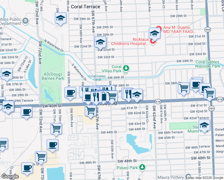 map of restaurants, bars, coffee shops, grocery stores, and more near 6500 Southwest 38th Street in Miami