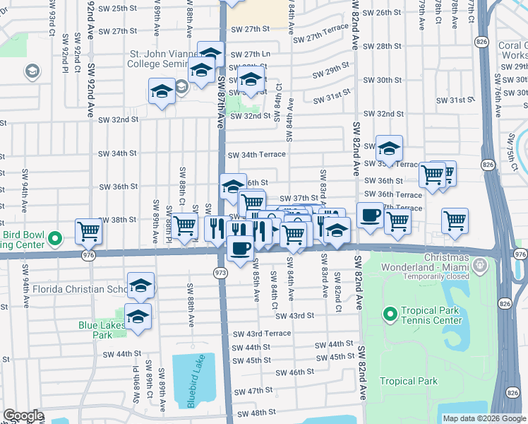 map of restaurants, bars, coffee shops, grocery stores, and more near 8430 Southwest 37th Street in Miami