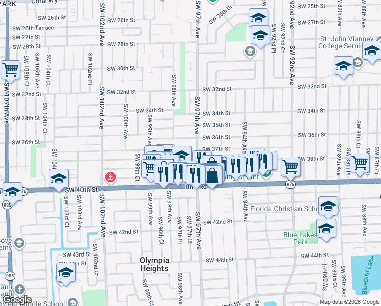 map of restaurants, bars, coffee shops, grocery stores, and more near 9701 Southwest 37th Terrace in Miami