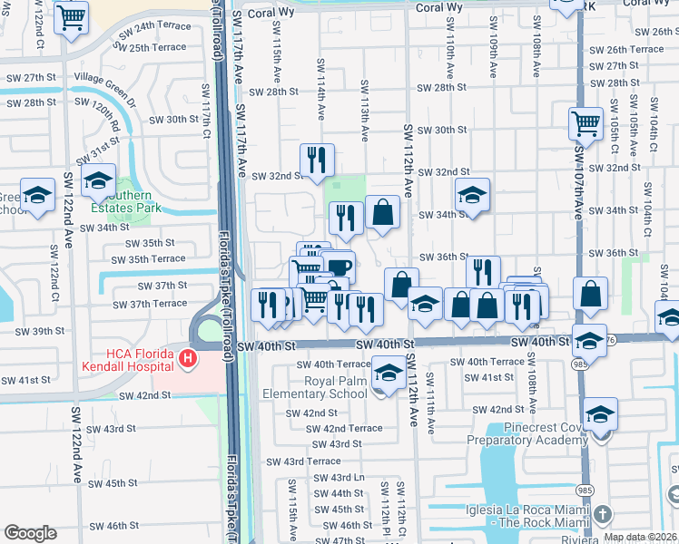 map of restaurants, bars, coffee shops, grocery stores, and more near 3609 Southwest 113th Place in Miami