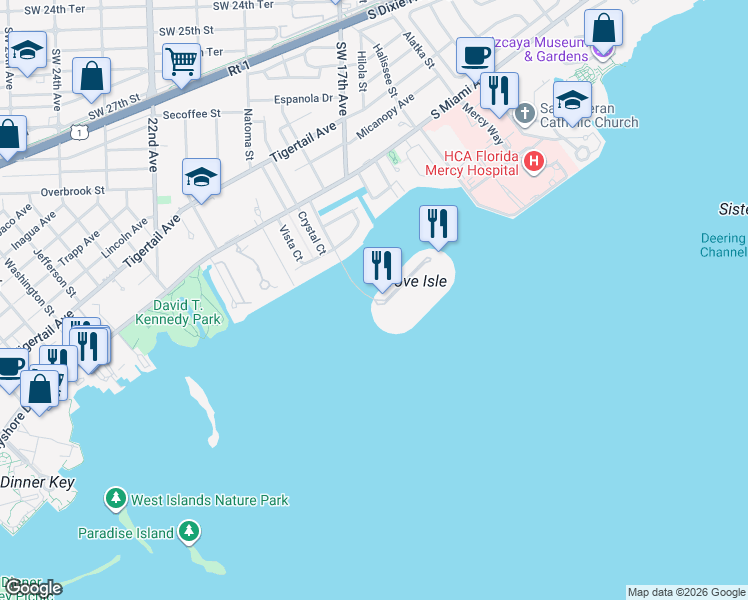 map of restaurants, bars, coffee shops, grocery stores, and more near 1 Grove Isle Drive in Miami