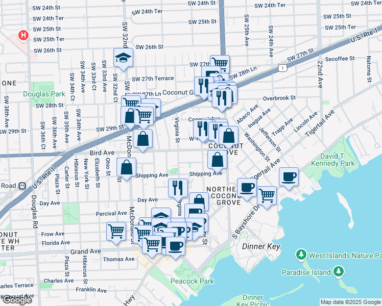 map of restaurants, bars, coffee shops, grocery stores, and more near 2969 Bird Avenue in Miami