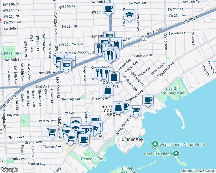 map of restaurants, bars, coffee shops, grocery stores, and more near 2734 Bird Avenue in Miami