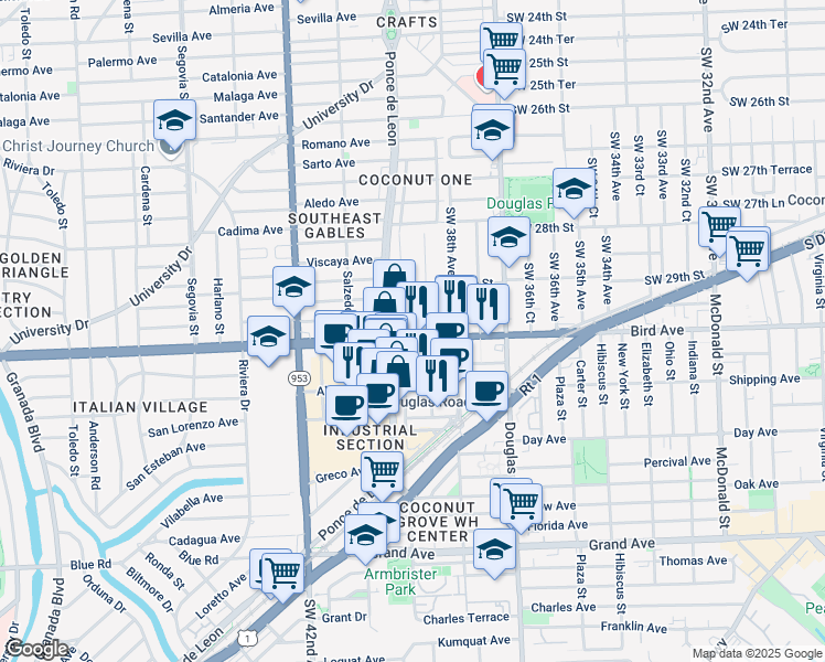 map of restaurants, bars, coffee shops, grocery stores, and more near 3861 Bird Road in Miami