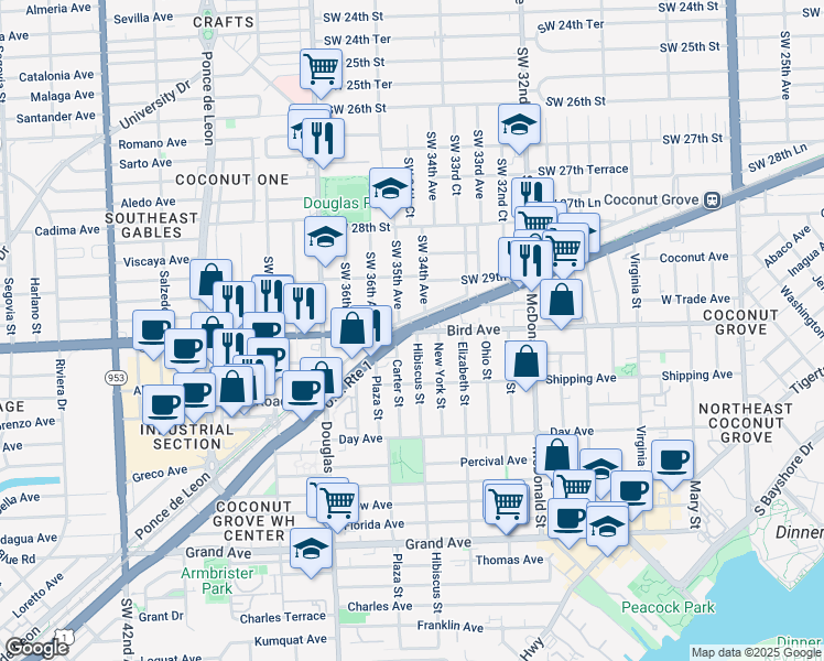 map of restaurants, bars, coffee shops, grocery stores, and more near 3204 Bird Road in Miami