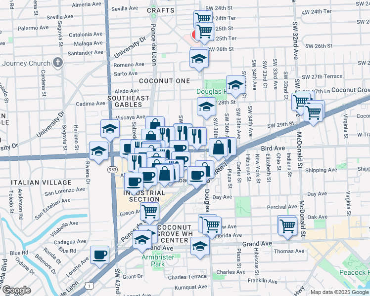 map of restaurants, bars, coffee shops, grocery stores, and more near 2971 R Southwest 38th Avenue in Miami