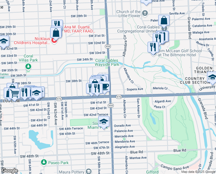 map of restaurants, bars, coffee shops, grocery stores, and more near 3800 Southwest 39th Street in Miami