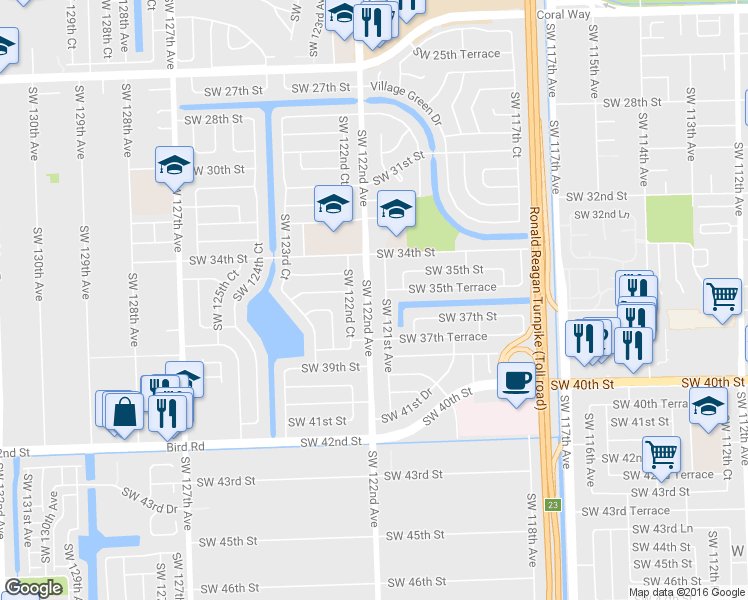 map of restaurants, bars, coffee shops, grocery stores, and more near 3541 SW 122 Ct in Miami