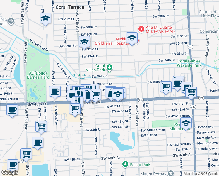 map of restaurants, bars, coffee shops, grocery stores, and more near 6352 Southwest 38th Street in Miami