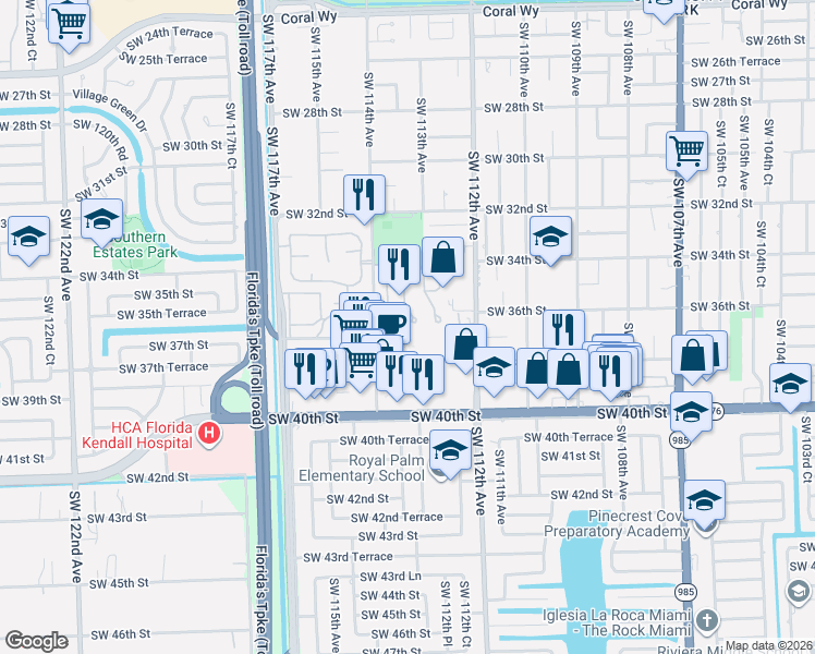 map of restaurants, bars, coffee shops, grocery stores, and more near 3609 Southwest 113th Place in Miami