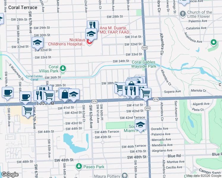 map of restaurants, bars, coffee shops, grocery stores, and more near 3900 Southwest 60th Avenue in Miami