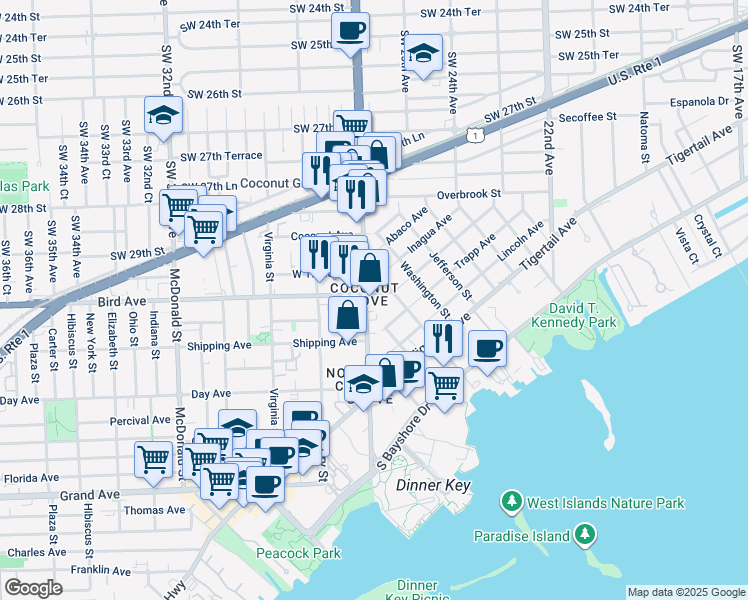map of restaurants, bars, coffee shops, grocery stores, and more near in Miami