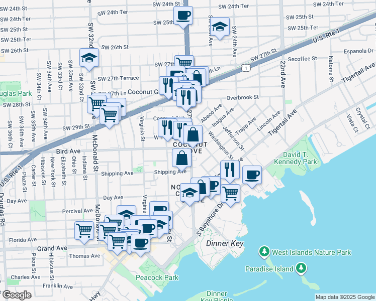 map of restaurants, bars, coffee shops, grocery stores, and more near in Miami