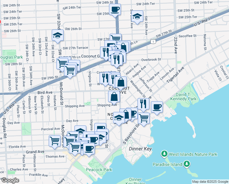 map of restaurants, bars, coffee shops, grocery stores, and more near in Miami