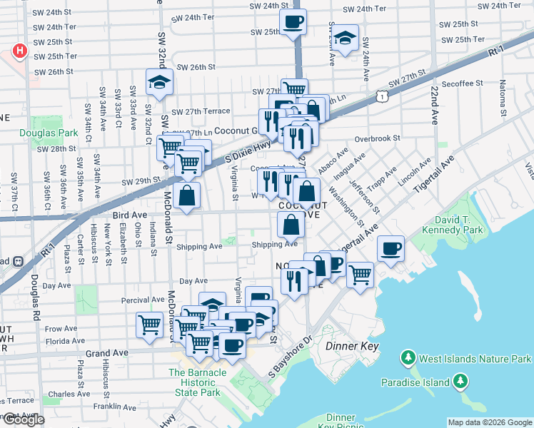 map of restaurants, bars, coffee shops, grocery stores, and more near 2859 Bird Avenue in Miami