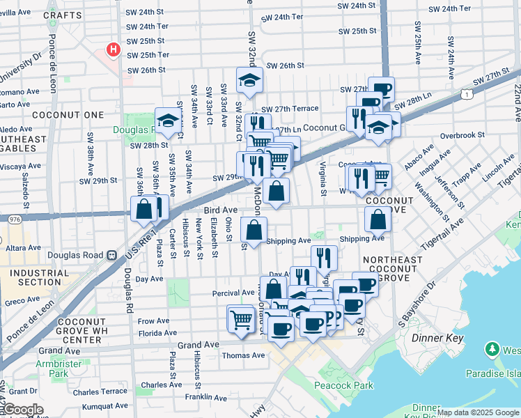map of restaurants, bars, coffee shops, grocery stores, and more near 2999 McDonald Street in Miami