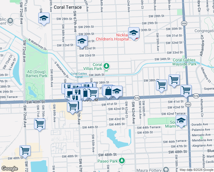 map of restaurants, bars, coffee shops, grocery stores, and more near 6352 Southwest 38th Street in Miami