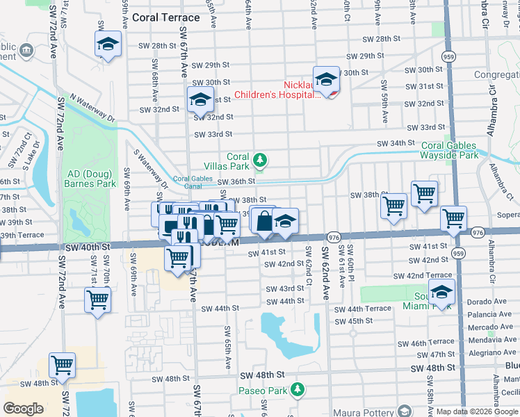 map of restaurants, bars, coffee shops, grocery stores, and more near 6352 Southwest 38th Street in Miami