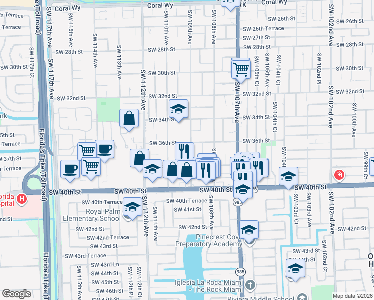 map of restaurants, bars, coffee shops, grocery stores, and more near 3621 Southwest 109th Avenue in Miami