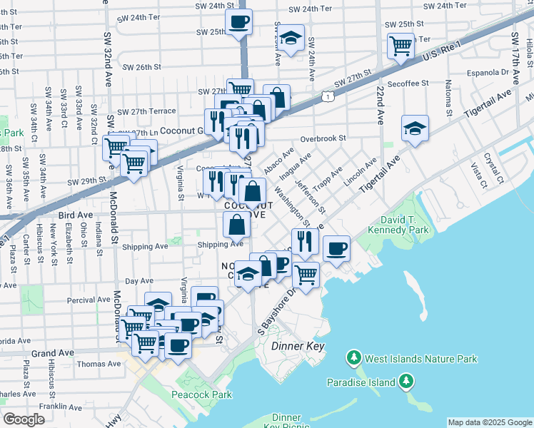 map of restaurants, bars, coffee shops, grocery stores, and more near 3022 Aviation Avenue in Miami
