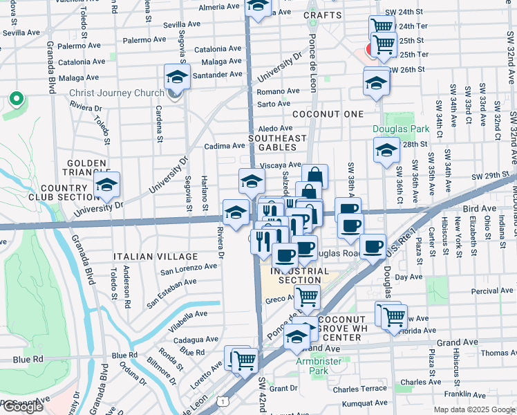 map of restaurants, bars, coffee shops, grocery stores, and more near 340 Velarde Avenue in Coral Gables
