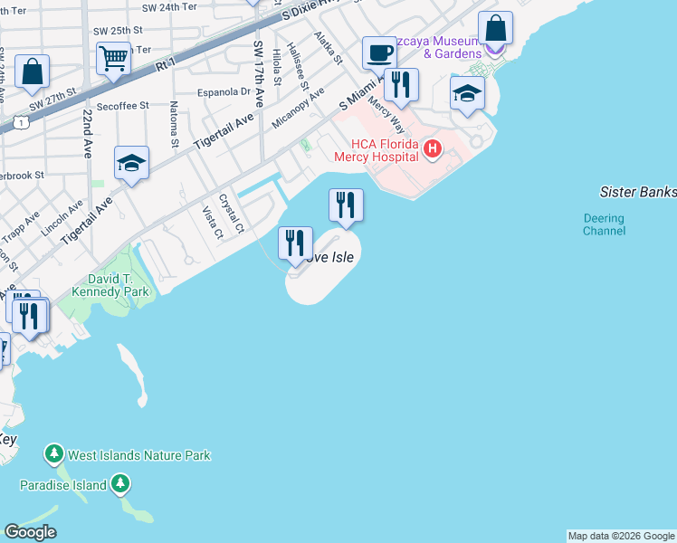 map of restaurants, bars, coffee shops, grocery stores, and more near in Miami