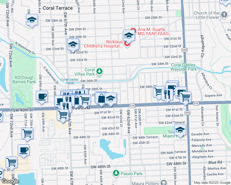 map of restaurants, bars, coffee shops, grocery stores, and more near 6287 Southwest 39th Street in Miami