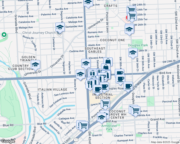 map of restaurants, bars, coffee shops, grocery stores, and more near 340 Velarde Avenue in Coral Gables