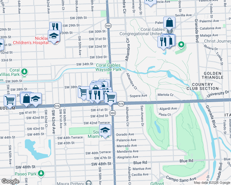 map of restaurants, bars, coffee shops, grocery stores, and more near 1552 Plasentia Avenue in Coral Gables