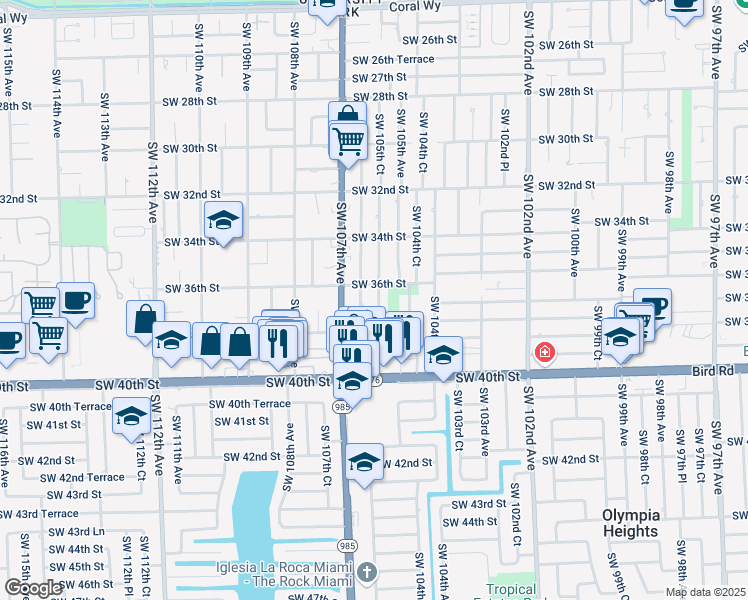 map of restaurants, bars, coffee shops, grocery stores, and more near 3610 Southwest 106th Avenue in Miami