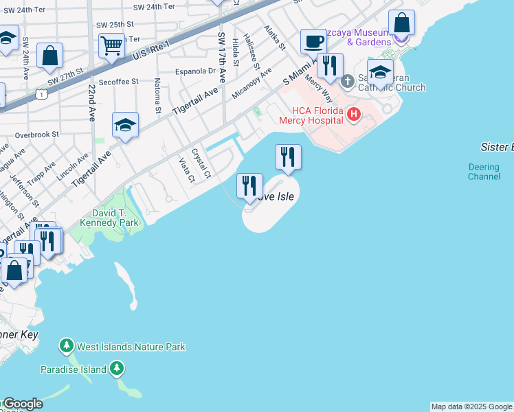 map of restaurants, bars, coffee shops, grocery stores, and more near 1 Grove Isle Drive in Miami