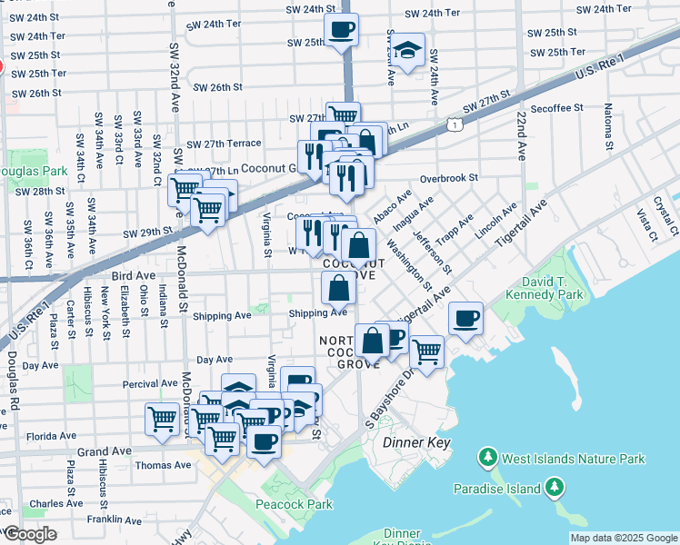 map of restaurants, bars, coffee shops, grocery stores, and more near in Miami