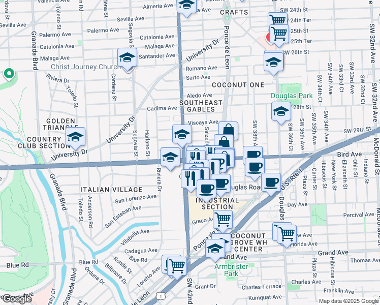 map of restaurants, bars, coffee shops, grocery stores, and more near 340 Velarde Avenue in Coral Gables