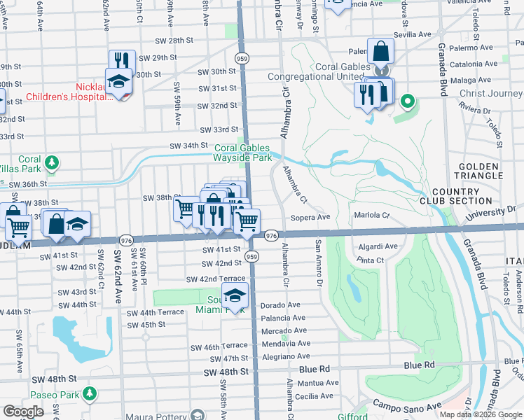 map of restaurants, bars, coffee shops, grocery stores, and more near 1552 Plasentia Avenue in Coral Gables