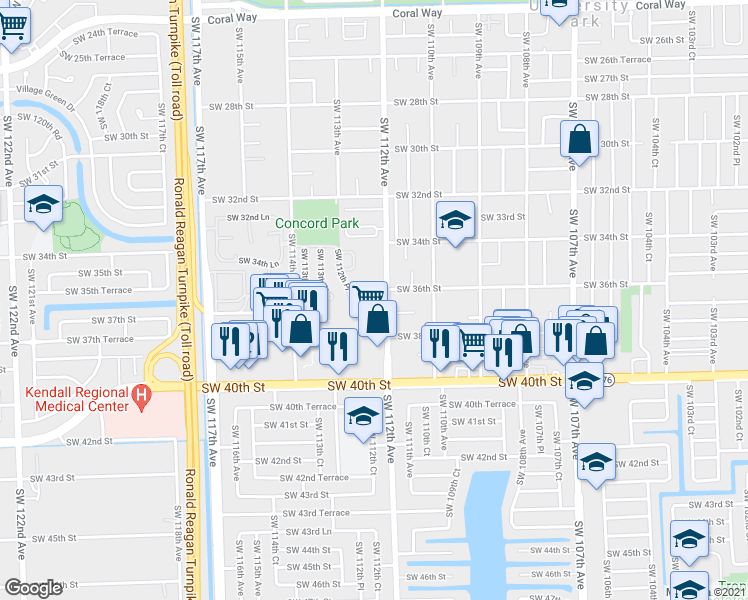 map of restaurants, bars, coffee shops, grocery stores, and more near 3610 Southwest 112th Avenue in Miami
