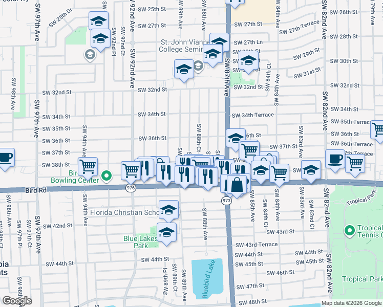 map of restaurants, bars, coffee shops, grocery stores, and more near 3720 Southwest 88th Court in Miami