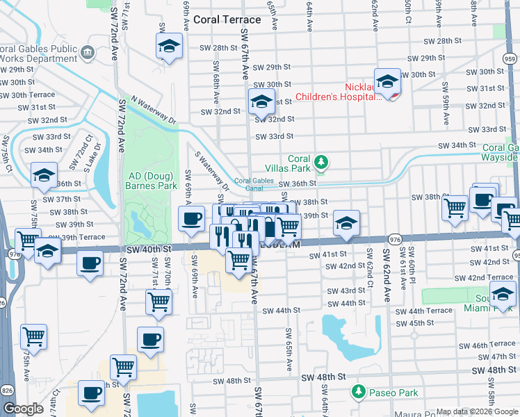 map of restaurants, bars, coffee shops, grocery stores, and more near 6576 Southwest 38th Street in Miami