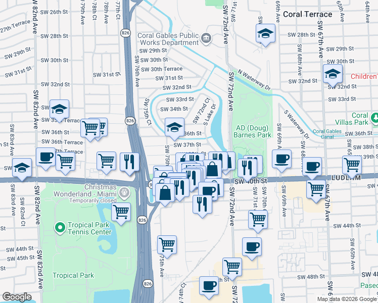 map of restaurants, bars, coffee shops, grocery stores, and more near 7375 Southwest 38th Street in Miami