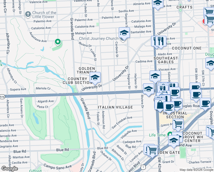 map of restaurants, bars, coffee shops, grocery stores, and more near 750 University Drive in Coral Gables