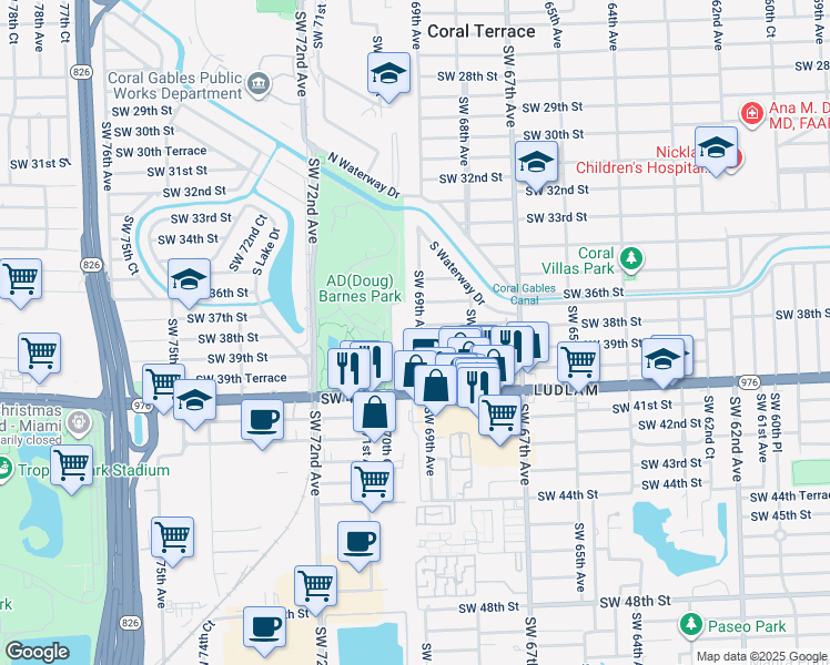 map of restaurants, bars, coffee shops, grocery stores, and more near 3820 Southwest 69th Avenue in Miami