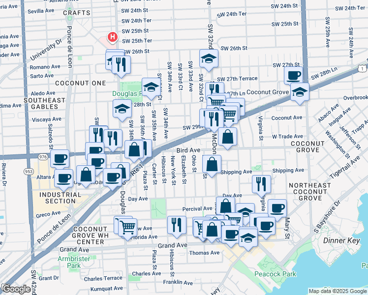 map of restaurants, bars, coffee shops, grocery stores, and more near 3375 Bird Avenue in Miami