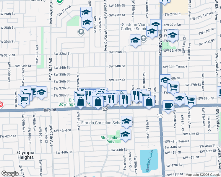 map of restaurants, bars, coffee shops, grocery stores, and more near 3710 Southwest 91 Avenue in Miami