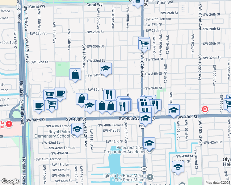 map of restaurants, bars, coffee shops, grocery stores, and more near 3621 Southwest 109th Avenue in Miami