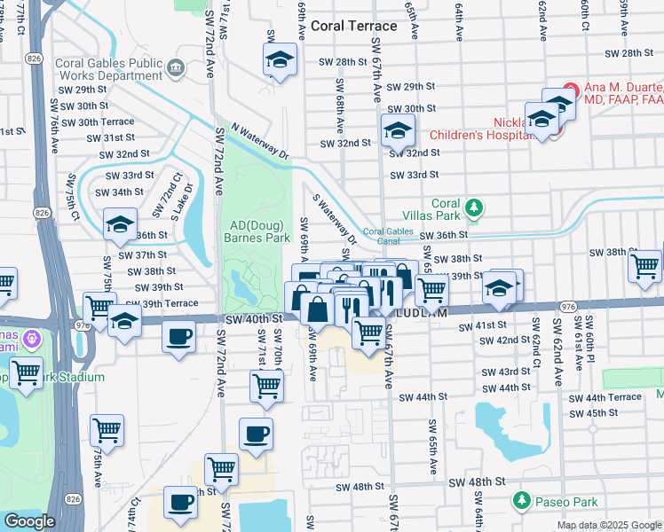 map of restaurants, bars, coffee shops, grocery stores, and more near 6820 Southwest 38th Street in Miami