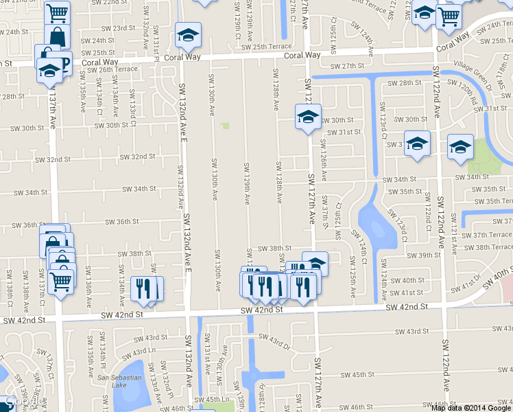 map of restaurants, bars, coffee shops, grocery stores, and more near 3505 SW 129th Ave in Miami