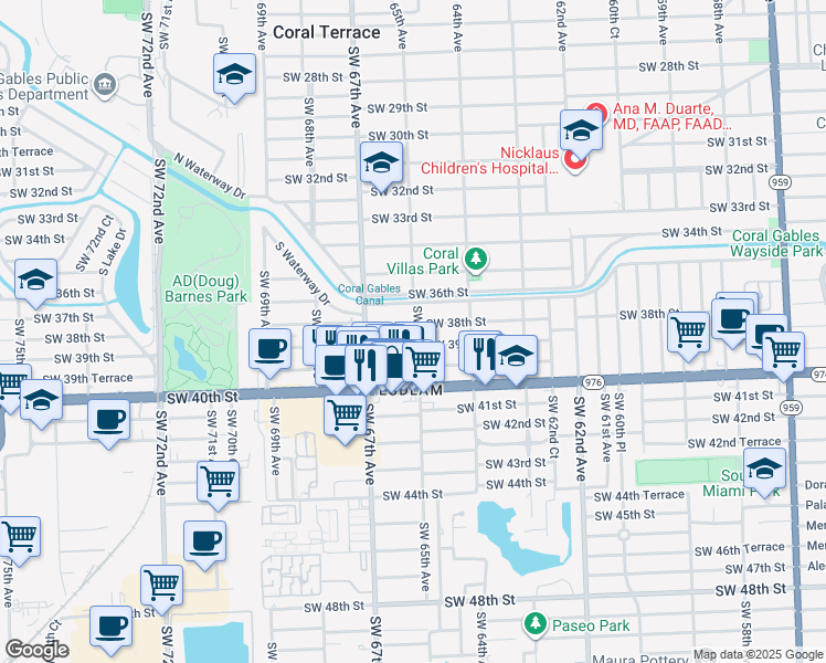 map of restaurants, bars, coffee shops, grocery stores, and more near 6500 Southwest 38th Street in Miami