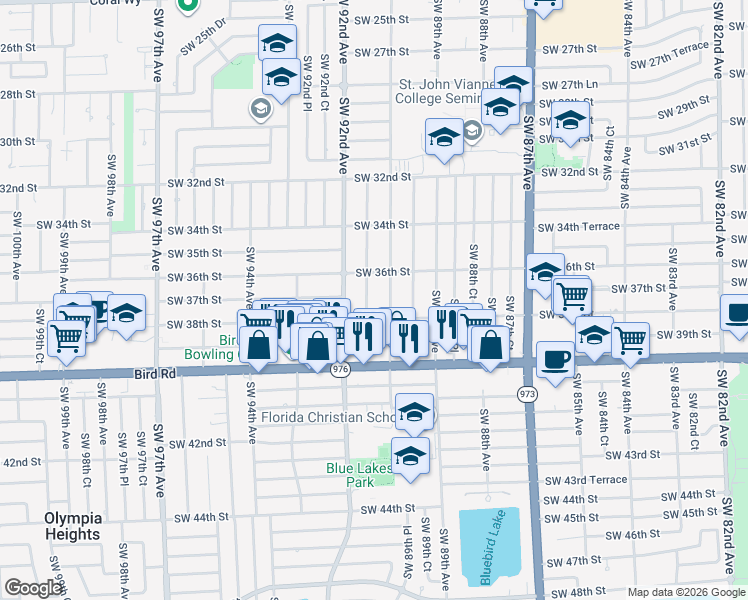 map of restaurants, bars, coffee shops, grocery stores, and more near 3710 Southwest 91 Avenue in Miami