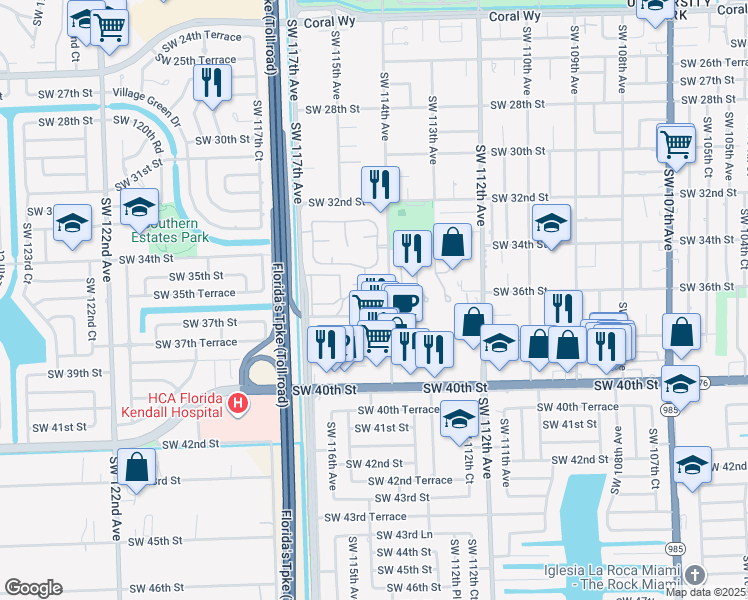 map of restaurants, bars, coffee shops, grocery stores, and more near 3600 Southwest 36th Street in Miami